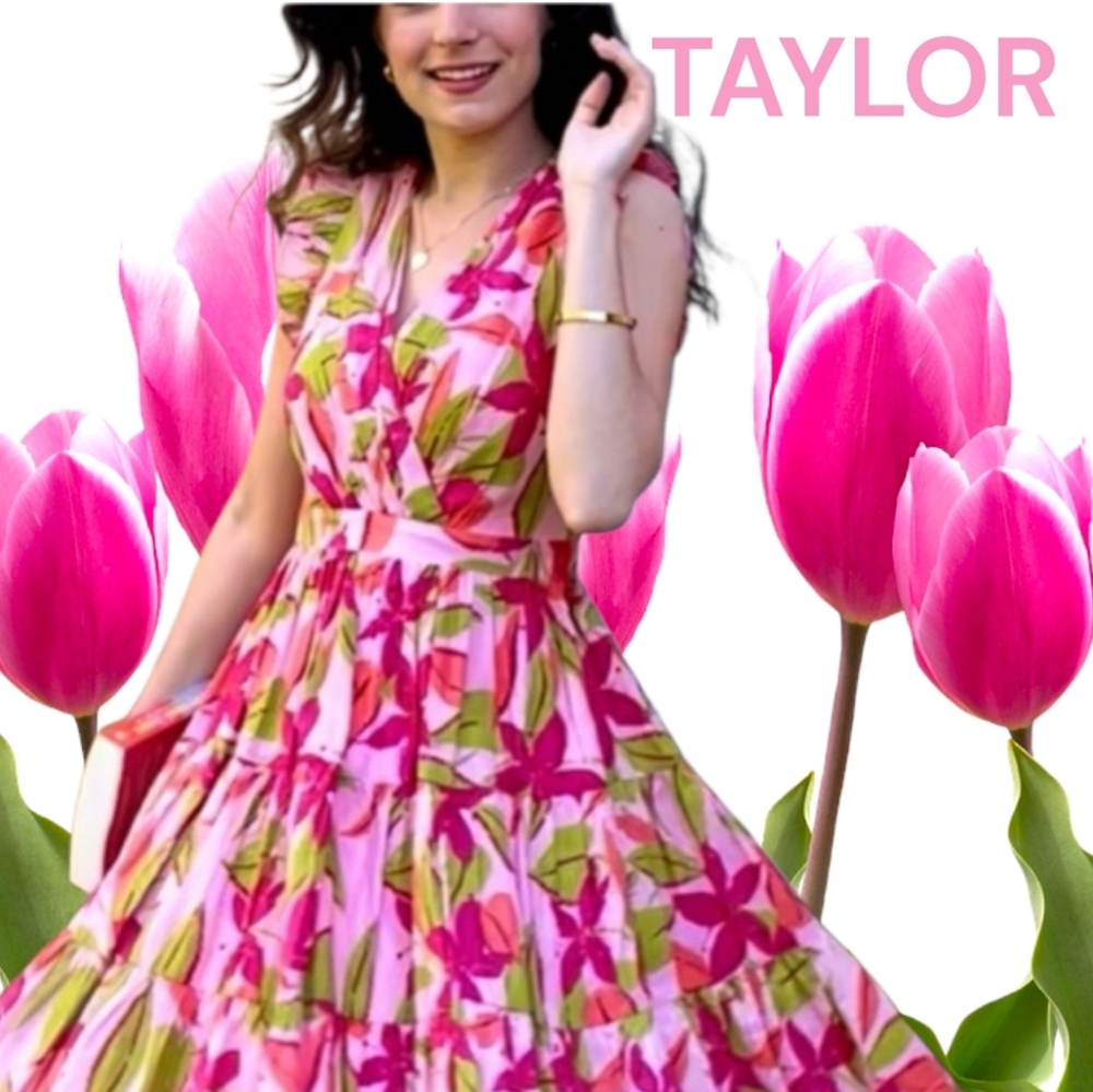 TAYLOR Multifloral Fluttery Slvs Surplice V-neck Tiered Knee-length Dress NWT LG